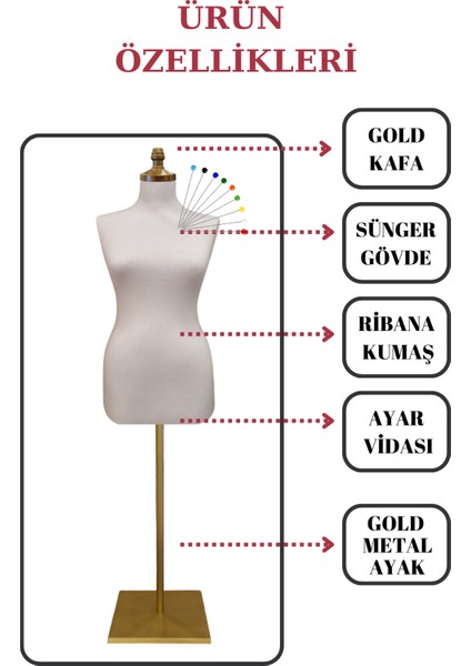 34 Beden Iğne Batabilen Terzi Mankeni Prova Mankeni Sünger Manken Gold Ayaklı Beyaz Kumaş Po-01 fiyatları