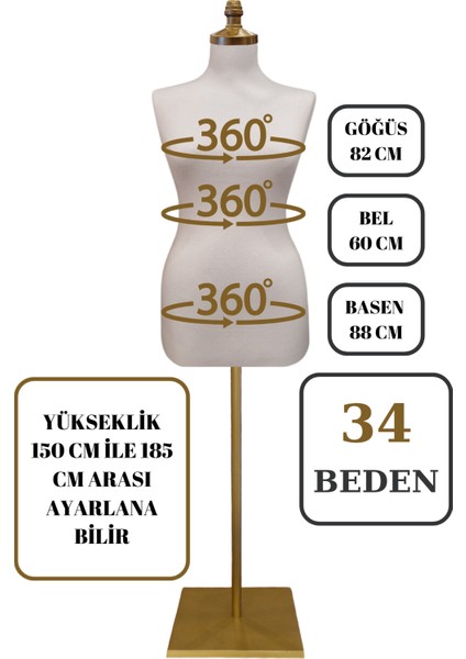 34 Beden Iğne Batabilen Terzi Mankeni Prova Mankeni Sünger Manken Gold Ayaklı Beyaz Kumaş Po-01 fırsatları