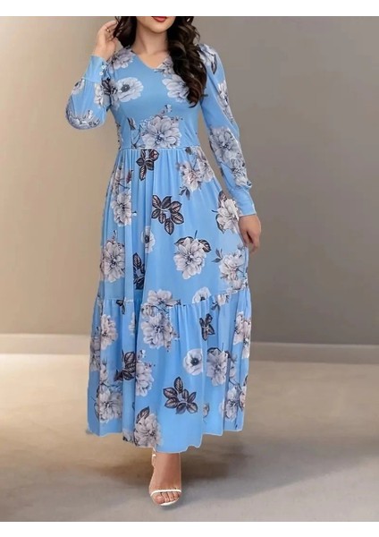 Kadın Uzun Kollu V Yakalı Çiçek Desenli Maxi Süprem Elbise modelleri