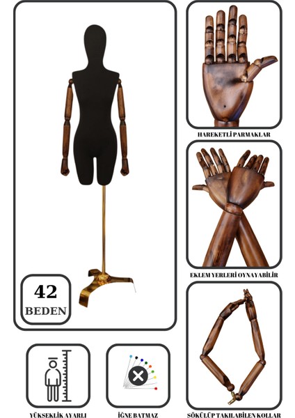 Lüks Gold Ayaklı Pantolon Giyebilen 42 Beden Ahşap Kollu Terzi Mankeni Vitrin Mankeni