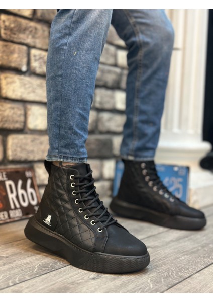 ET0159 Bağcıklı Siyah Kapitone Erkek Yüksek Taban Spor Bot