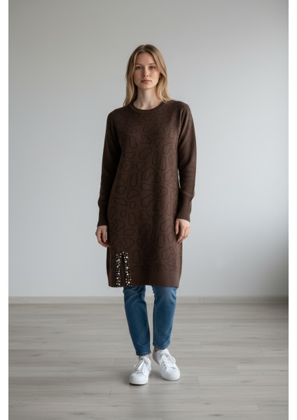 Kadın Önü Desenli Etek Yan Ucu Boncuklu Düşük Kol Tunik modelleri