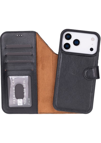 Bloomcase Magic Wallet Obsidian Black Apple iPhone 17 Pro (6.3") Hakiki Deri Çıkarılabilir Cüzdanlı Telefon Kılıfı