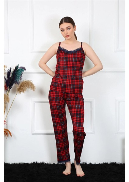 Kadın Ip Askılı Kırmızı Ekoseli Pijama Takım