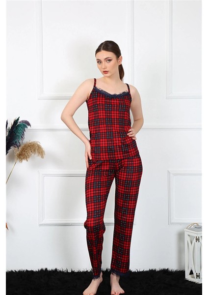 Kadın Ip Askılı Kırmızı Ekoseli Pijama Takım modelleri