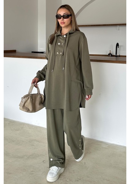 Metal Aksesuarlı Premium Kumaş Salaş Sweat Pantolon Takım Haki 9372-TK