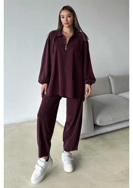 Yakası Fermuar Detaylı Premium Örme Kumaş Tunik Pantolon Takım Bordo 9375-TK