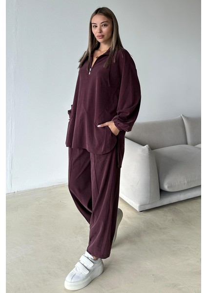 Yakası Fermuar Detaylı Premium Örme Kumaş Tunik Pantolon Takım Bordo 9375-TK