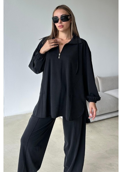 Yakası Fermuar Detaylı Premium Örme Kumaş Tunik Pantolon Takım Siyah 9375-TK