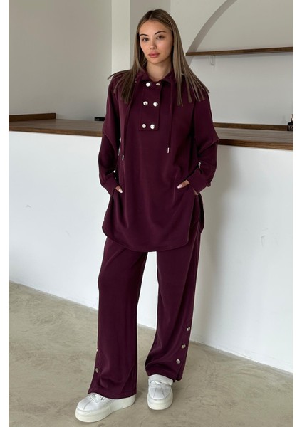 Metal Aksesuarlı Premium Kumaş Salaş Sweat Pantolon Takım Bordo 9372-TK