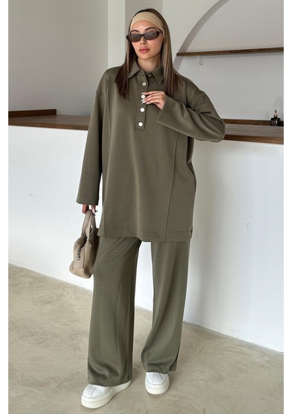 Gömlek Yaka Premium Örme Kumaş Tunik Pantolon Takım Haki 9374-TK