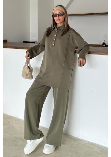 Gömlek Yaka Premium Örme Kumaş Tunik Pantolon Takım Haki 9374-TK