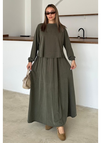 Bisiklet Yaka Premium Kumaş Sweat Etek Takım Haki 9383-TK
