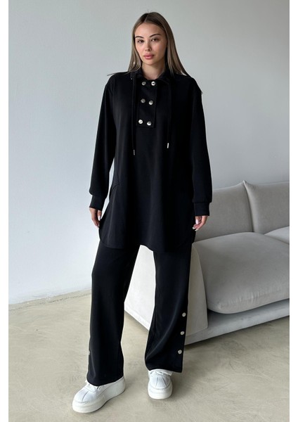 Metal Aksesuarlı Premium Kumaş Salaş Sweat Pantolon Takım Siyah 9372-TK