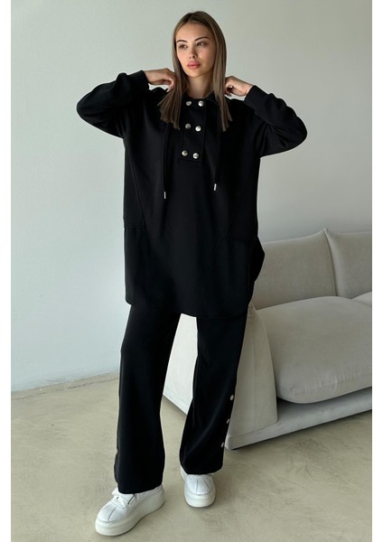 Metal Aksesuarlı Premium Kumaş Salaş Sweat Pantolon Takım Siyah 9372-TK