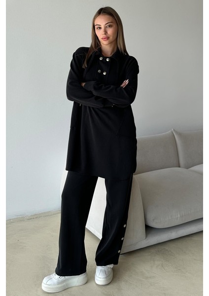 Metal Aksesuarlı Premium Kumaş Salaş Sweat Pantolon Takım Siyah 9372-TK
