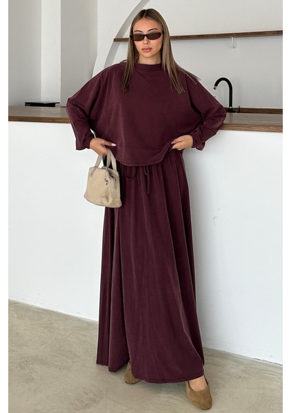 Bisiklet Yaka Premium Kumaş Sweat Etek Takım Bordo 9383-TK