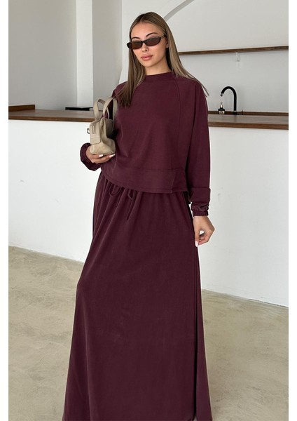 Bisiklet Yaka Premium Kumaş Sweat Etek Takım Bordo 9383-TK