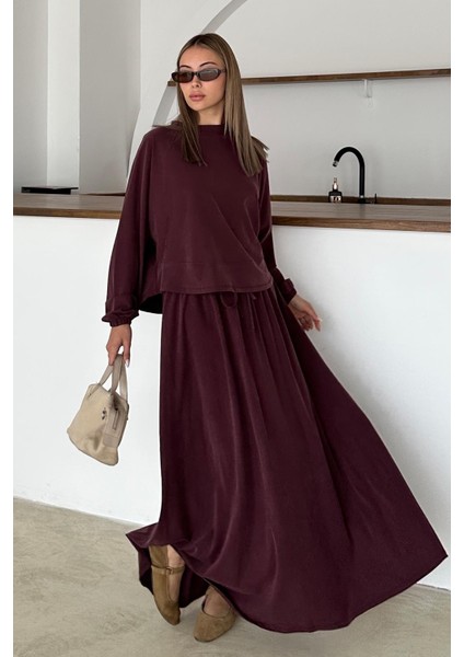 Bisiklet Yaka Premium Kumaş Sweat Etek Takım Bordo 9383-TK