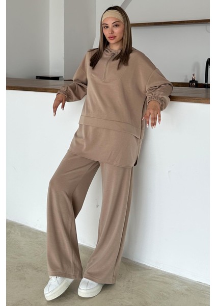 Kapüşonlu Fermuar Detaylı Premium Kumaş Sweat Pantolon Takım Kamel 9373-TK