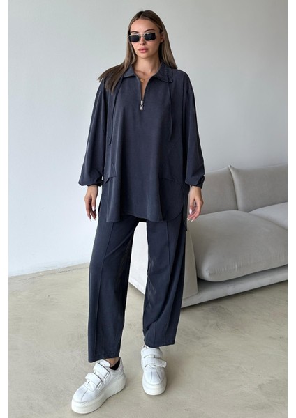 Yakası Fermuar Detaylı Premium Örme Kumaş Tunik Pantolon Takım Indigo 9375-TK