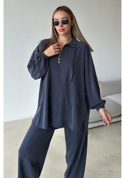 Yakası Fermuar Detaylı Premium Örme Kumaş Tunik Pantolon Takım Indigo 9375-TK