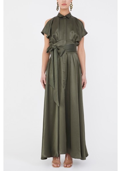Haki Belden Bağlamalı Uzun Elbise 92982