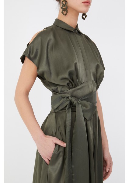 Haki Belden Bağlamalı Uzun Elbise 92982 modelleri