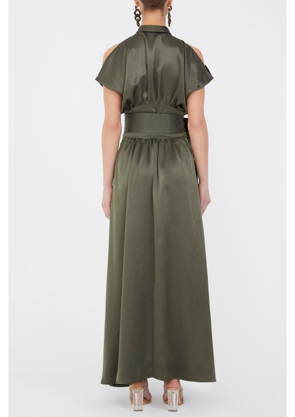 Haki Belden Bağlamalı Uzun Elbise 92982 fırsatları