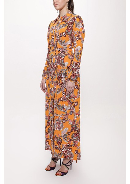 Turuncu Kolları Büzgülü Gömlek Elbise 94170