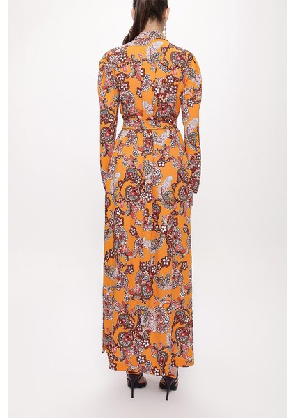 Turuncu Kolları Büzgülü Gömlek Elbise 94170