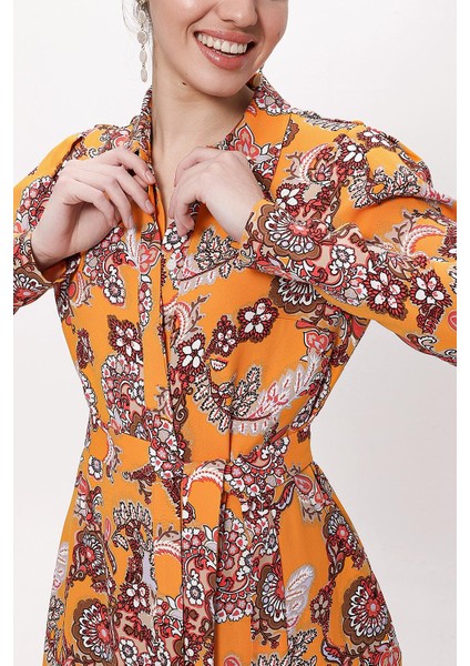 Turuncu Kolları Büzgülü Gömlek Elbise 94170