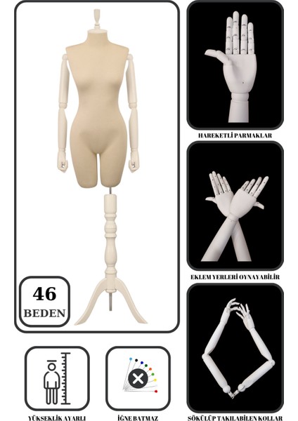 46 Beden Ahşap Kollu Iğne Batmaz Vitrin Amaçlı Terzi Mankeni Vitrin Mankeni