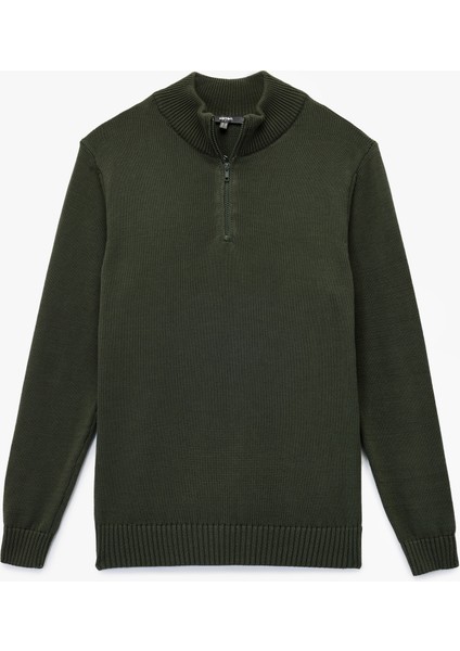 Pamuklu Uzun Kollu Yarım Fermuarlı Triko Kazak