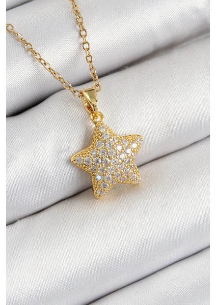 Çelik Zirkon Taşlı Yıldız Model Gold Renk Kadın Kolye