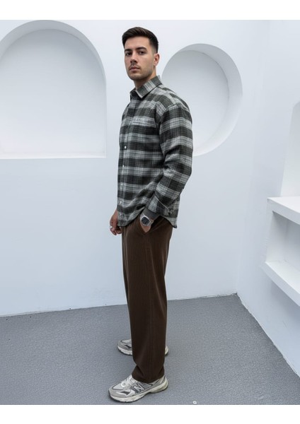 Erkek Haki Oversize Kışlık Ekose Gömlek Flanel Kumaş modelleri