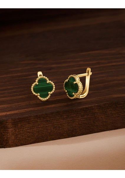 925 Ayar Yeşil Kaplangözü Taşlı Gold Yonca Gümüş Küpe