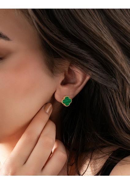 925 Ayar Yeşil Kaplangözü Taşlı Gold Yonca Gümüş Küpe fiyatları