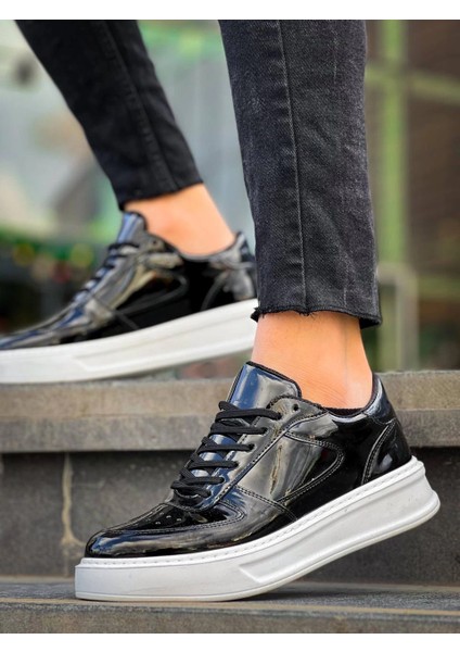 Zrn-X8 Premium Yüksek Taban Günlük Erkek Spor Ayakkabı Siyah Beyaz Rugan indirimleri