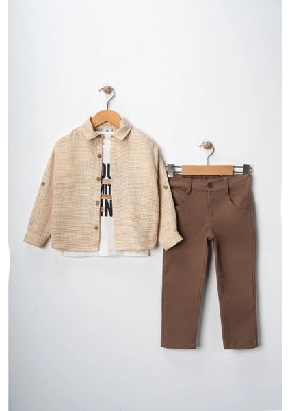 Erkek Çocuk Kolu Ayarlanabilir Gömlekli Pantolonlu Baskılı Tişörtlü Üçlü Spor Takım