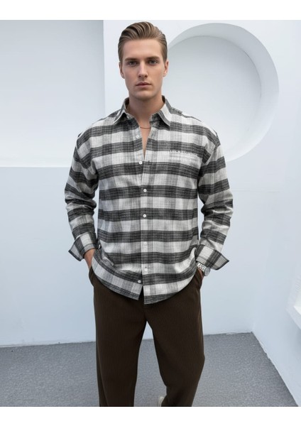 Erkek Bej Oversize Kışlık Ekose Gömlek Flanel Kumaş