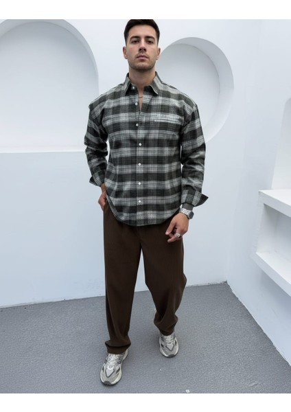 Erkek Haki Oversize Kışlık Ekose Gömlek Flanel Kumaş