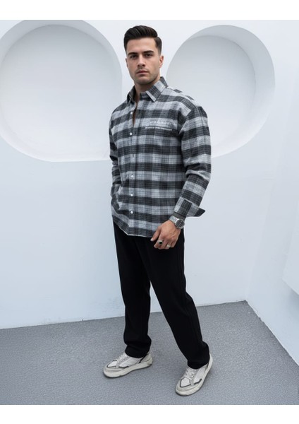 Erkek Siyah Oversize Kışlık Ekose Gömlek Flanel Kumaş