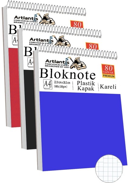Telli Masaüstü Not Defteri Kareli A4 3 Adet Masa Üstü Plastik Kapaklı Spiralli Bloknot Blocknote 80 Yaprak Okul Ofis