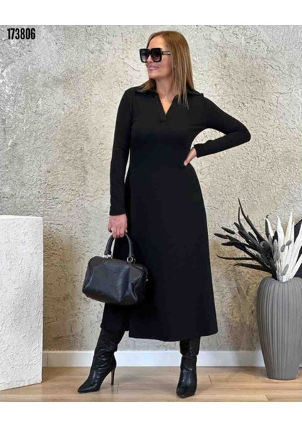 Kadın Uzun Kollu Yakalı Midi Viskon Iki Iplik Elbise, Kırmızı Gül Figürlü Kolye Hediye