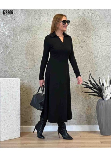 Kadın Uzun Kollu Yakalı Midi Viskon Iki Iplik Elbise, Kırmızı Gül Figürlü Kolye Hediye fiyatları