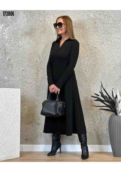 Kadın Uzun Kollu Yakalı Midi Viskon Iki Iplik Elbise, Kırmızı Gül Figürlü Kolye Hediye modelleri