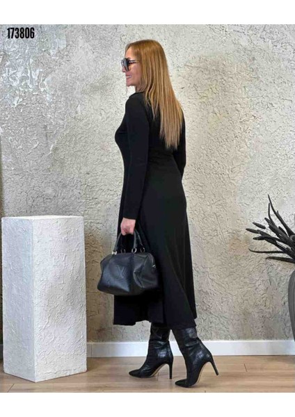 Kadın Uzun Kollu Yakalı Midi Viskon Iki Iplik Elbise, Kırmızı Gül Figürlü Kolye Hediye fırsatları