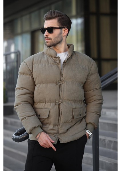 Haki Düğmeli Dik Yaka Erkek Şişme Mont E7435