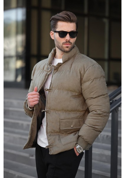 Haki Düğmeli Dik Yaka Erkek Şişme Mont E7435 modelleri